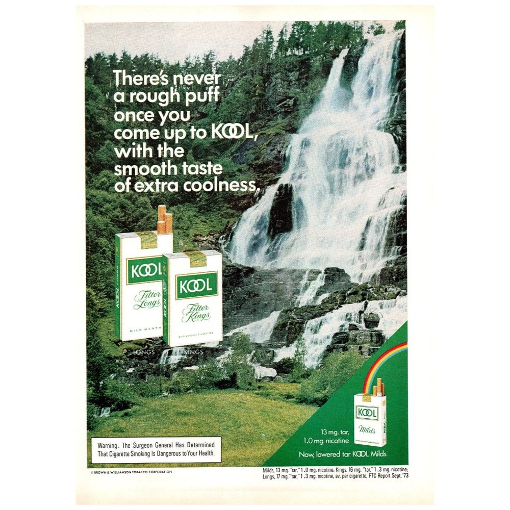 1974 Kool Cigarettes Never A Rough Puff Vintage Print Ad Waterfall Waterfalls